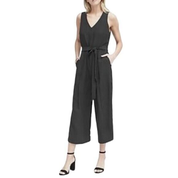Banana Republic Black Wide Leg Cropped Sleeveless V Neck Belted Black Jumpsuit 2 - Picture 1 of 10
